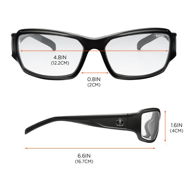 Lens width: 4.8 inches (12.2cm). Lens height: 1.6 inches (4cm). Nose width: 0.8 inch (2cm). Temple length: 6.6 inches (16.7cm)