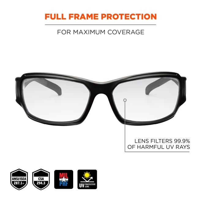 Full frame protection: for maximum coverage. Lens filters 99.9% of harmful UV rays. MIL PRF. Meets ANSI/ISEA Z87.1+ standards