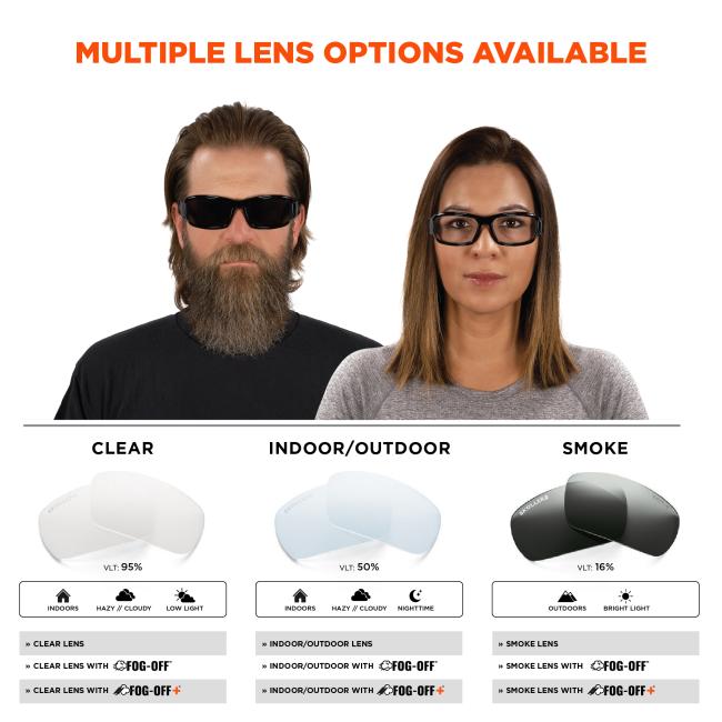 Multiple lens options available in clear, indoor/outdoor, and smoke