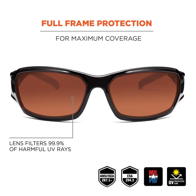 Full frame protection: for maximum coverage. Lens filters 99.9% of harmful UV rays. MIL PRF. Meets ANSI/ISEA Z87.1+ standards