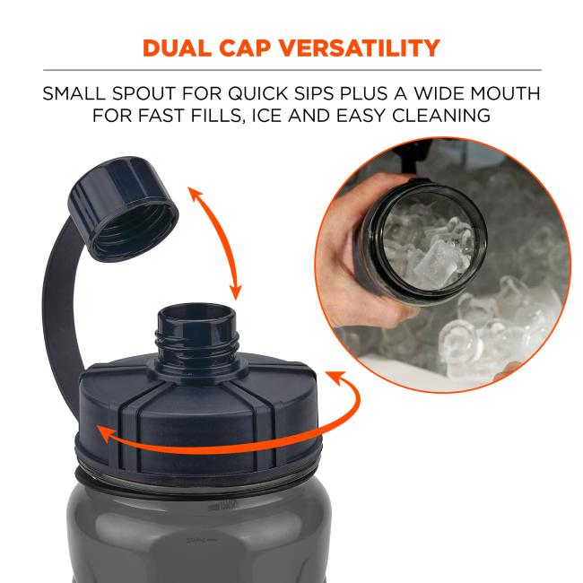 Black water bottle with removable dual cap and small spout; orange arrows show rotation; inset circle shows hand holding bottle mouth filled with ice cubes.