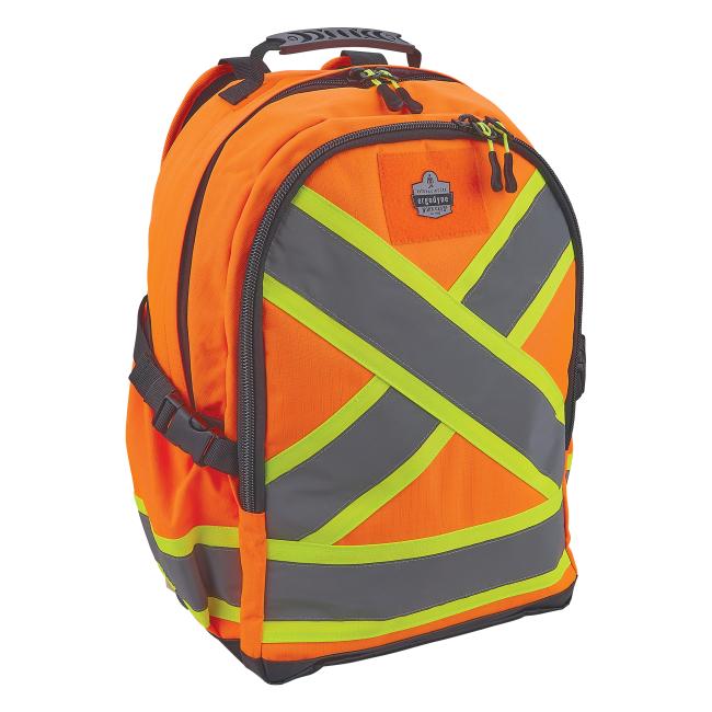 Bright orange backpack with gray reflective panels and lime-yellow reflective X striping, black zippers and top handle