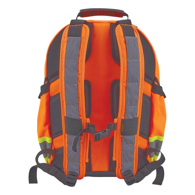 Rear view of bright orange backpack with padded mesh back, dual shoulder straps with reflective strips and sternum buckle