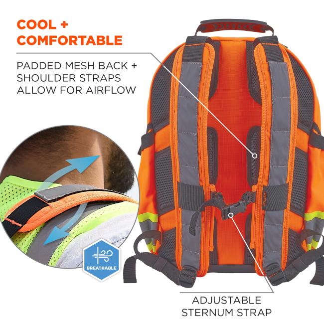 Rear view of orange backpack with padded mesh shoulder straps, grey reflective strips, adjustable sternum buckle and breathable inset