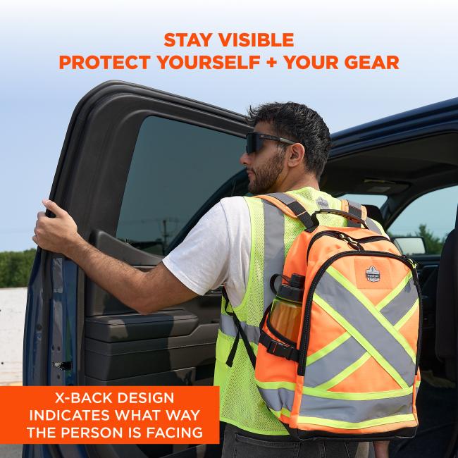 Worker in sunglasses wearing neon safety vest and orange reflective X-design backpack opening a vehicle door