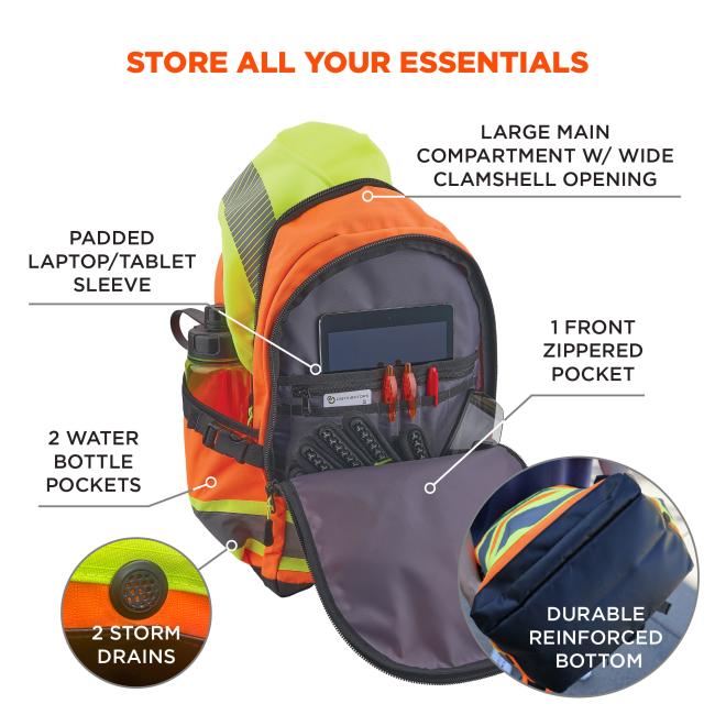 Open orange and neon yellow backpack showing tablet in padded sleeve, pen pockets, side water bottle pocket and reinforced bottom