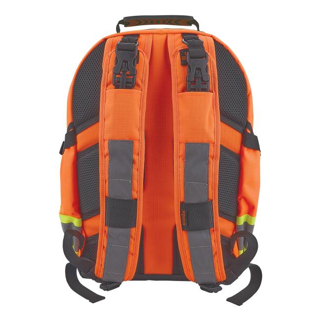 Rear view of an orange backpack showing padded shoulder straps with black buckles, gray reflective strips, mesh back padding and top carry handle