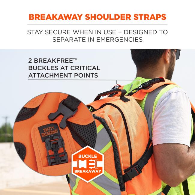 Back view of person wearing orange safety vest with black breakaway shoulder buckles; inset close-up of buckle and visible headline.