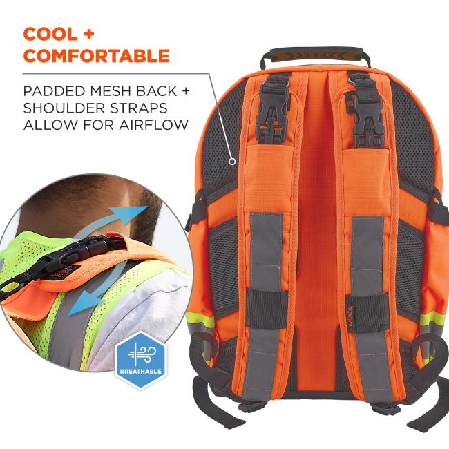 Close-up of orange safety vest/backpack showing padded gray mesh back, orange shoulder straps with black plastic buckles and gray reflective strips.