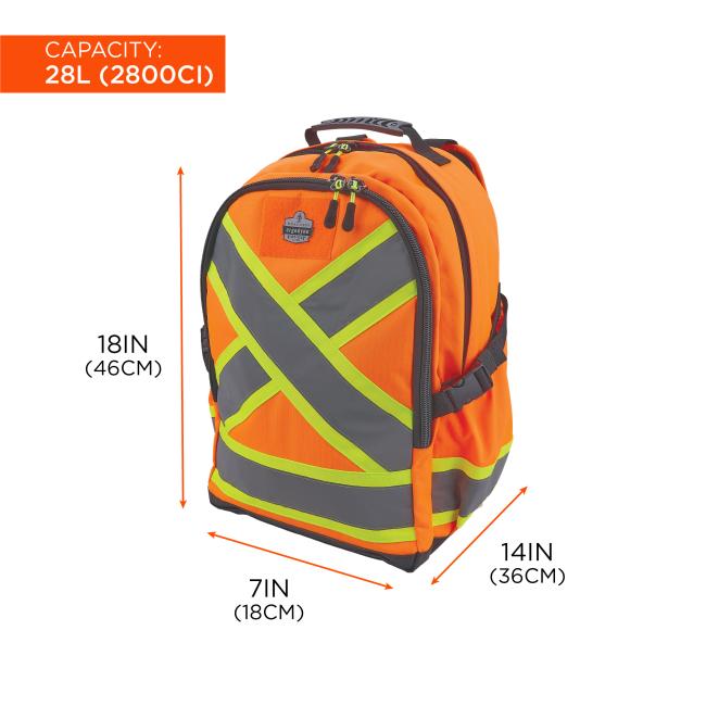 Orange high-visibility backpack with gray reflective X panels, lime-yellow trim, black zippers and handle; orange label reads 'CAPACITY: 28L'.