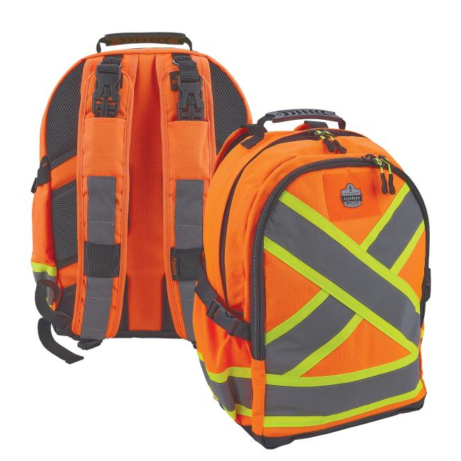 Two high-visibility orange backpacks with neon yellow reflective X stripes, gray panels, padded shoulder straps, buckles and zipper pulls