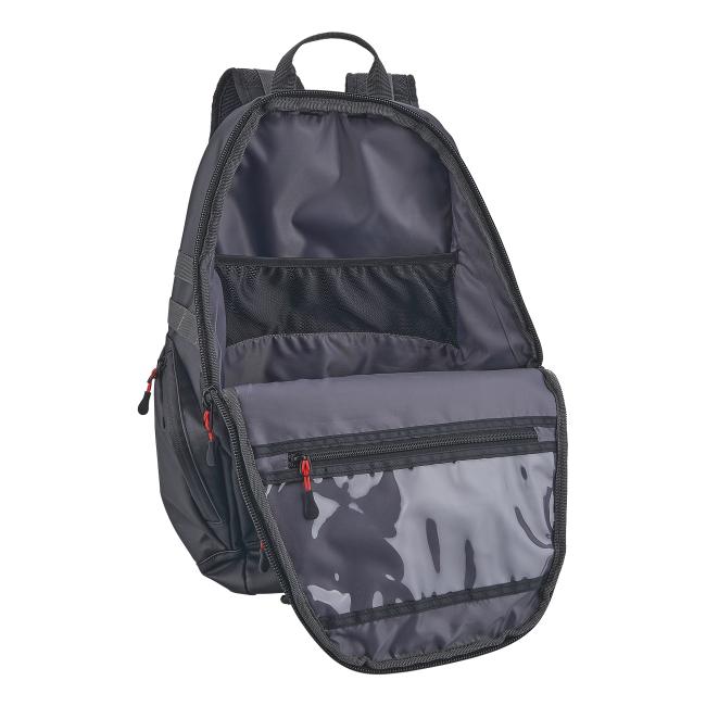Open dark gray backpack interior showing mesh organizer pocket, clear plastic pouch, zippers with red pulls, and top carrying handle.