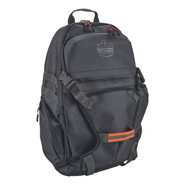 Close-up of dark gray backpack showing top handle, zippered pocket, straps and buckles, red zipper pulls and orange reflective strap