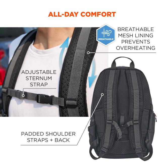 Close-up of person wearing black mesh padded backpack shoulder straps with adjustable sternum strap, breathable back and blue airflow arrows