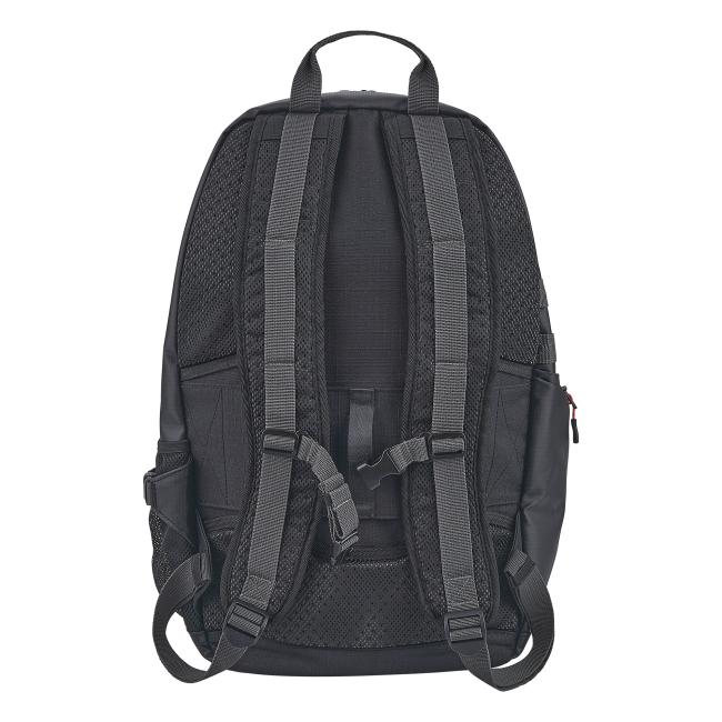 Back of black backpack with padded mesh back panel, two shoulder straps, top carry handle and chest strap buckle.
