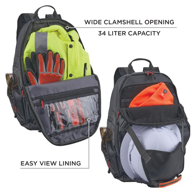 Two open black backpacks showing neon yellow and orange high-visibility clothing, black gloves with orange grips, and a white hard hat.