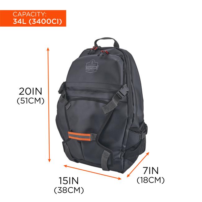 Dark gray backpack with top handle, red zipper pulls, front straps and orange accent; orange arrows and text "CAPACITY: 34L (3400CI)"