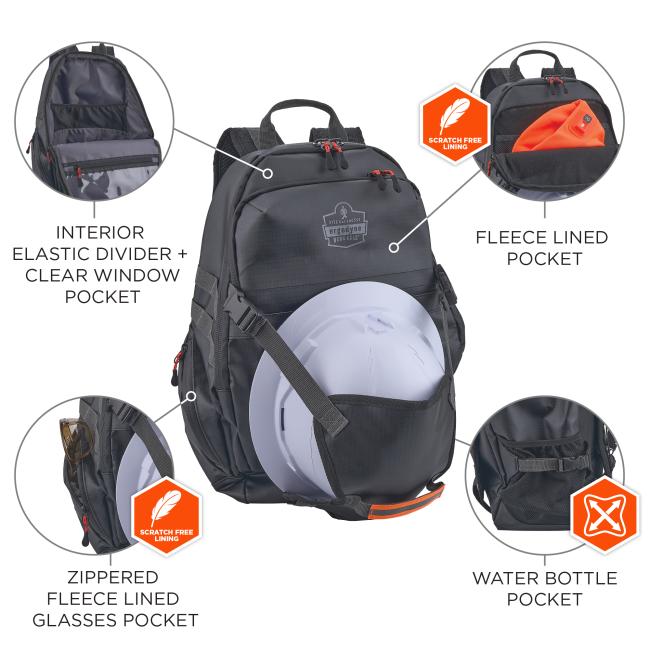 Black backpack with front strap securing white hard hat, multiple zippered compartments and inset callouts showing interior elastic divider and fleece-lined pockets
