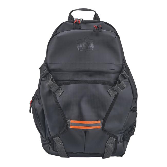 Back view of a black backpack with padded shoulder straps, top handle, red zipper pulls, orange horizontal strap and mesh side pocket.
