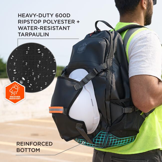 Person in neon safety vest carrying black backpack with a white hard hat attached; inset circle shows water droplets and weather-resistant badge.