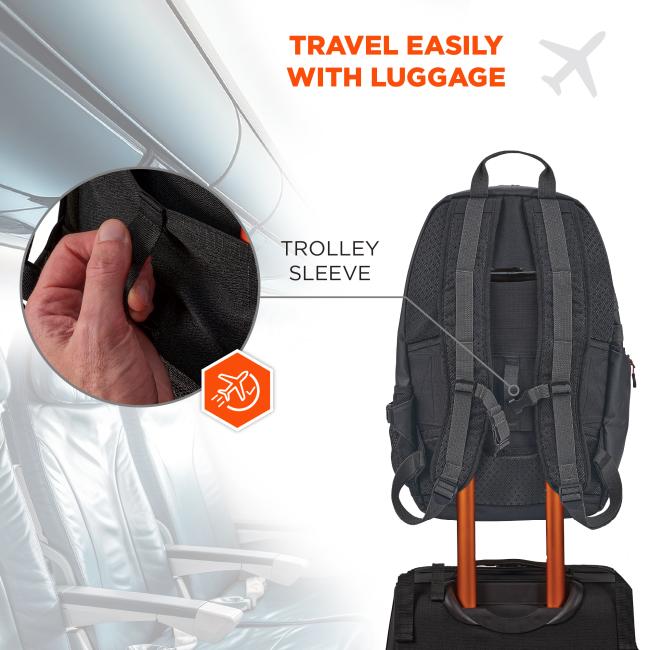 Back view of a black backpack with padded straps slipped over orange telescoping luggage handle; inset shows hand guiding strap into sleeve