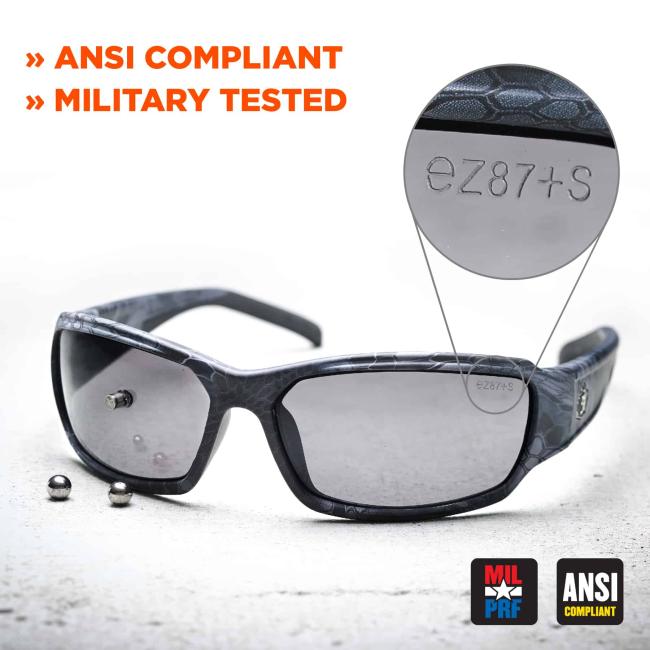 ANSI compliant, military tested. Detail shows ez87+s printed on lens. Icons on bottom right say miil-pro, ansi-compliant. 