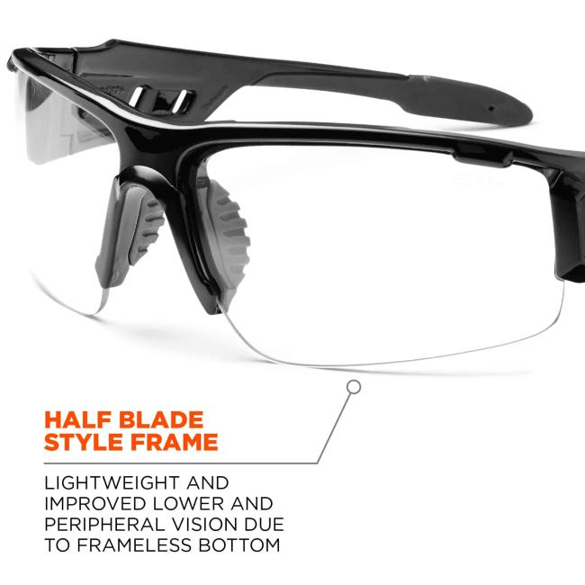 Half blade style frame: lightweight and improved lower and peripheral vision due to frameless bottom