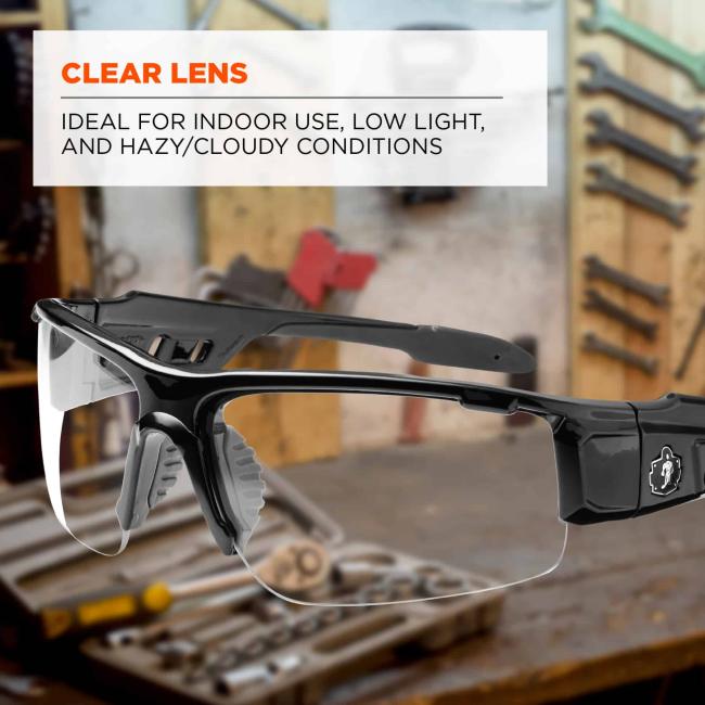 Clear lens: Ideal for indoor use, low light, and hazy/cloudy conditions