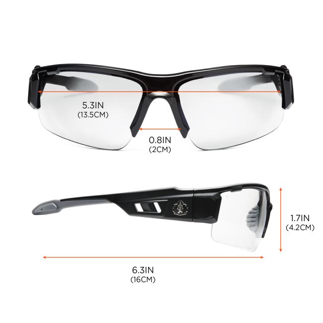 Dimensions: Size chart. 5.3in or 13.5cm across front of frames. 6.3in or 16cm profile length. Height of lens is 1.7in or 4.2cm
