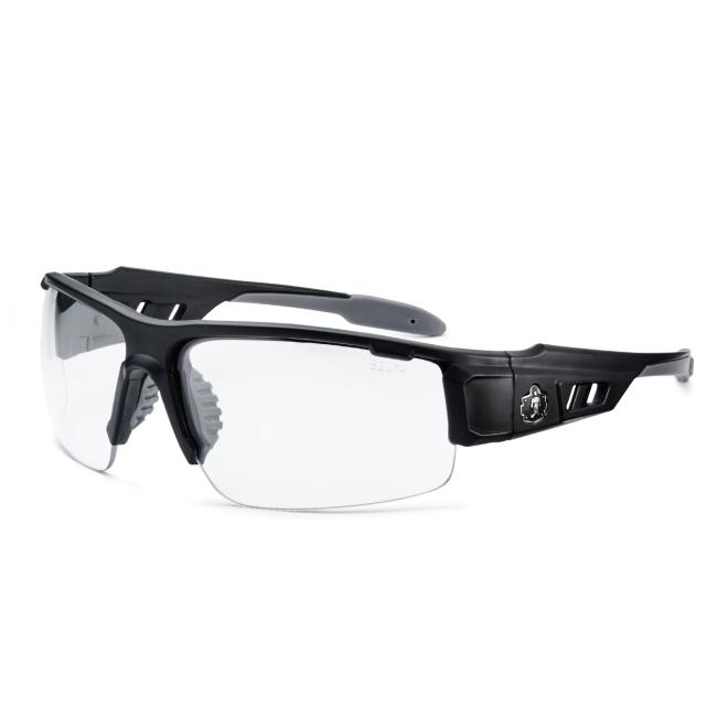 Three-quarter view of clear dagr safety glasses