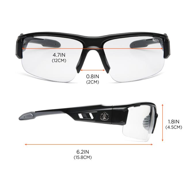 Lens width: 4.7 inches (12cm). Lens height: 1.8 inches (4.5cm). Nose width: 0.8 inch (2cm). Temple length: 6.2 inches (15.8cm)