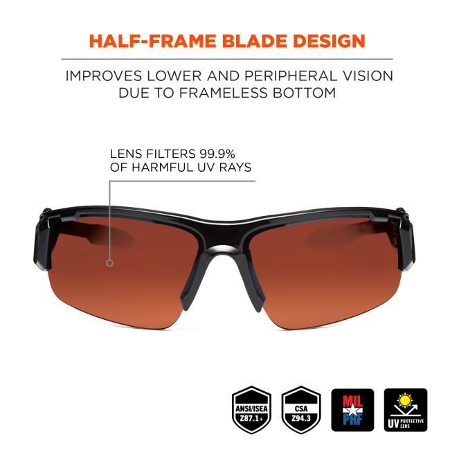 Half frame protection: improves lower and peripheral vision due to frameless bottom. Lens filters 99.9% of harmful UV rays. ANSI/ISEA z87.1+. EN-166 rated. CSA Z94.3. MIL PRF.