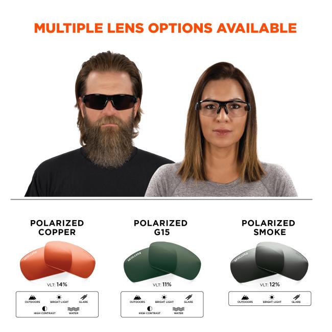 Multiple lens options available: polarized copper: 14% VLT worn outdoors, birght light, glare, water or high contrast conditions. Polarized G15: VLT 11% worn outdoors, bright light glare, water or high contrast conditions. Polarized smoke: 12% VLT worn outdoors, bright light or glare conditions