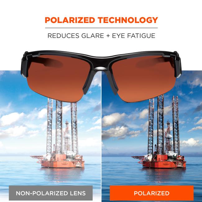 Polarized technology: reduces glare and eye fatigue. Image of bright non-polarized oil rig on left, clear crisp image of oil rig on right through polarized lens