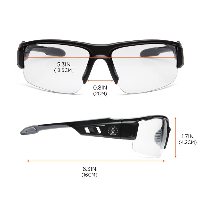 Dimensions: Size chart. 5.3in or 13.5cm across front of frames. 6.3in or 16cm profile length. Height of lens is 1.7in or 4.2cm