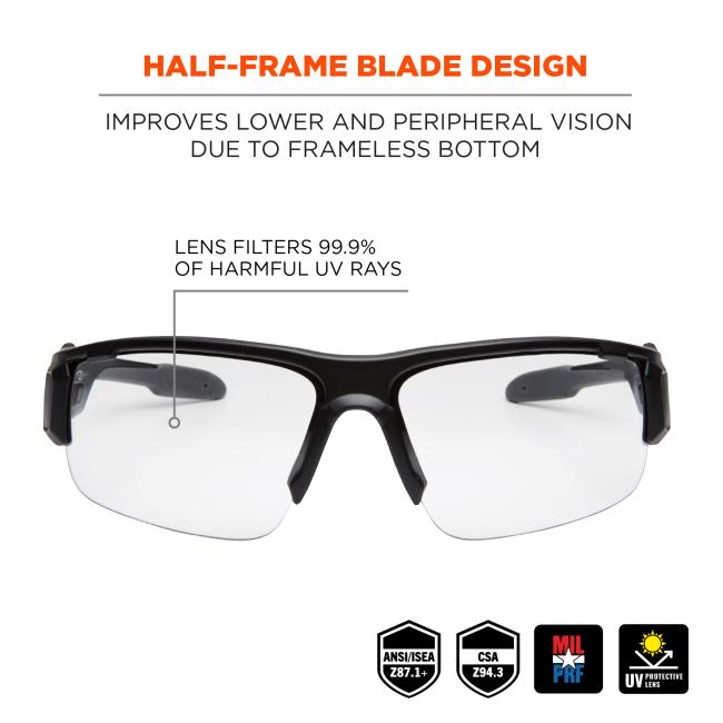 Half frame protection: improves lower and peripheral vision due to frameless bottom. Lens filters 99.9% of harmful UV rays. ANSI/ISEA z87.1+. EN-166 rated. CSA Z94.3. MIL PRF.