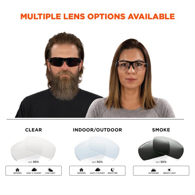 Multiple lens options available: clear: 95% VLT worn indoors, outdoors, and in low light conditions. Indoor/Outdoor: 50% VLT can be worn indoors, outdoors, nighttime conditions. Smoke: 50% VLT worn outdoors and in bright light conditions