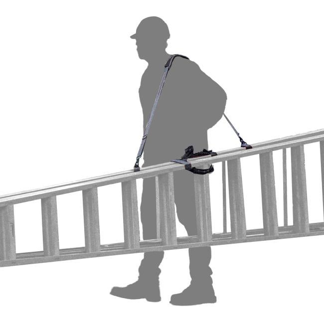 Silhouette person carrying an A-Frame ladder with a shoulder lifting strap and carrying handle