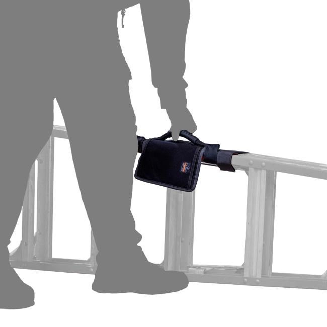 Silhouette person carrying a ladder with the carrying handle