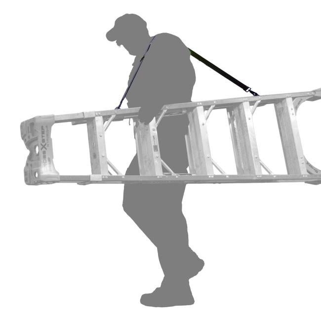 Silhouette person carrying a ladder with a shoulder lifting strap