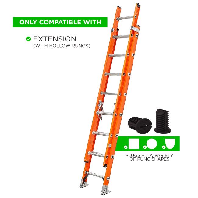 Only compatible with extension ladders that have hollow rungs. Plugs fit a variety of rung shapes including square, round, and D-shaped.