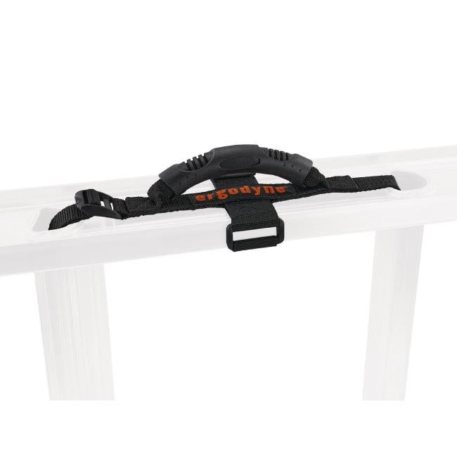 The silhouette view shows the ergonomic center handle securely attached through hollow rungs with the strap system.