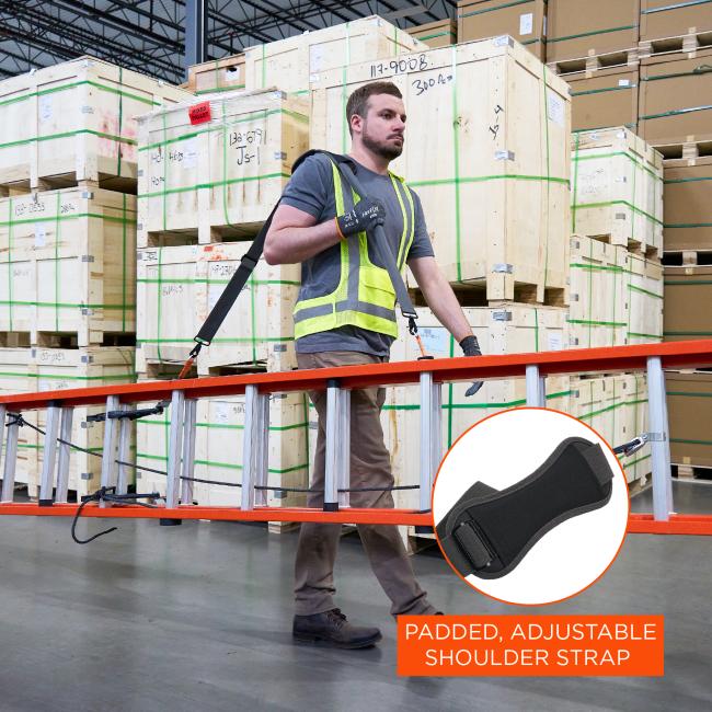 The padded, adjustable shoulder strap provides comfort and ease when carrying extension ladders.