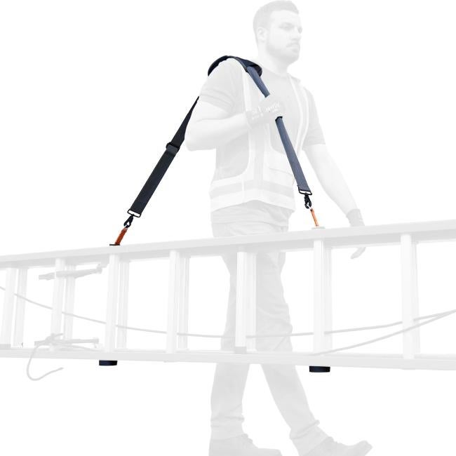 A simplified silhouette image demonstrates the installed shoulder strap system in use, clearly showing the anchored connection points.