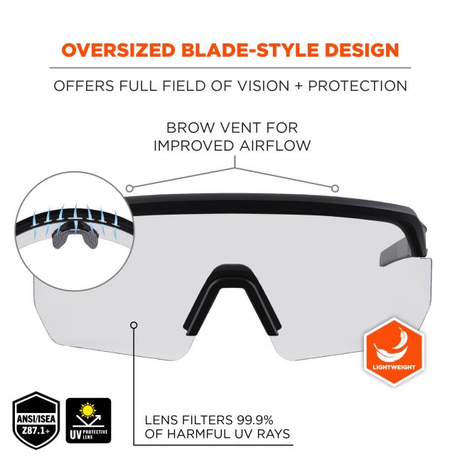 Oversized blade-style design. Offers full field of vision and protection. Brow vent for improved airflow. Lens filters 99.9% of harmful uv rays. ANSI/ISEA Z87,1 compliant