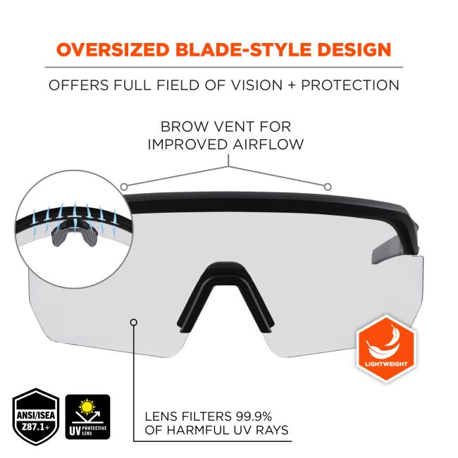 Oversized blade-style design. Offers full field of vision and protection. Brow vent for improved airflow. Lens filters 99.9% of harmful uv rays. ANSI/ISEA Z87,1 compliant