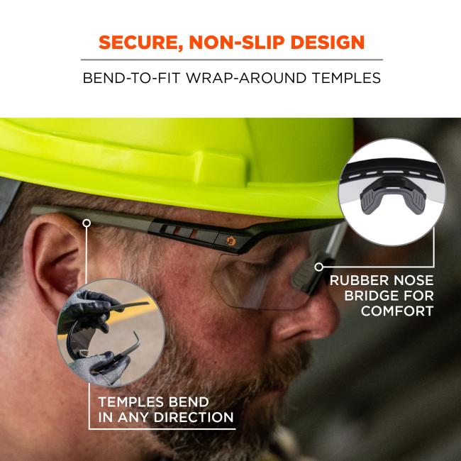 Secure non-slip design, bend to fit wrap around temples. Rubber nose bridge for comfort. Temples bend in any direction.