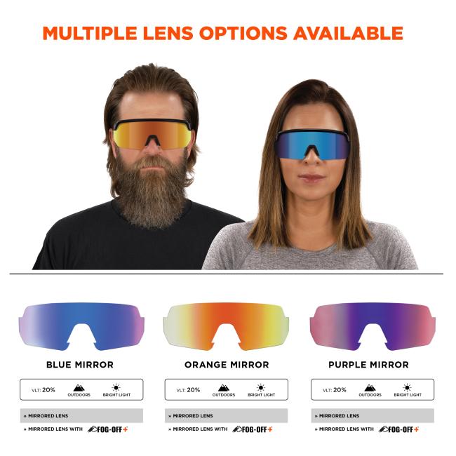 Multiple lens options available in blue mirror, orange mirror, purple mirror.