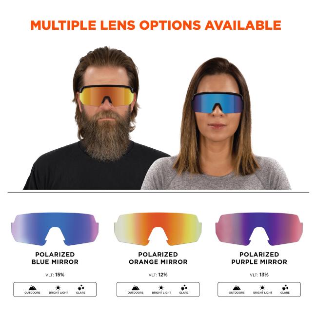 Multiple lens options available in blue mirror, orange mirror, purple mirror.
