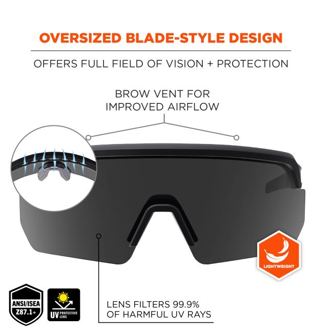 Oversized blade-style design. Offers full field of vision and protection. Brow vent for improved airflow. Lens filters 99.9% of harmful uv rays. ANSI/ISEA Z87.1 compliant